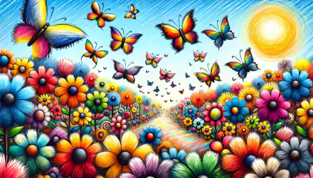 A vibrant butterfly garden filled with colorful flowers and butterflies under a bright blue sky, creating a stunning HD desktop wallpaper and background.