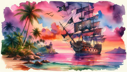 HD wallpaper featuring a vibrant painting of a classic ship at sea near a tropical island with palm trees during sunset.