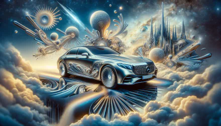 HD desktop wallpaper featuring a Mercedes-Benz car in a surreal sci-fi landscape with clouds and celestial objects.