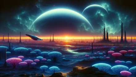 HD Sci-Fi Desktop Wallpaper Featuring Futuristic Landscape with Glowing Mushrooms and Spaceship.
