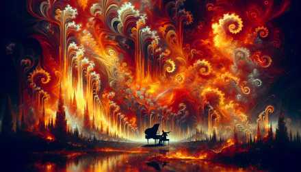 HD desktop wallpaper featuring artistic fiery orange and red swirls with a silhouette of a grand piano at the center.
