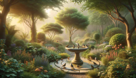 Enchanting HD desktop wallpaper featuring a bird bath surrounded by lush gardens and vibrant flowers, evoking a serene and magical atmosphere.