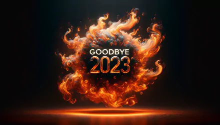 HD desktop wallpaper featuring a fiery design with the text GOODBYE 2023, set against a dark background, embodying a vibrant farewell to the year.