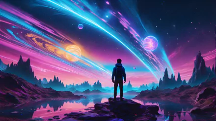 A psychedelic, colorful night landscape on an alien planet with vibrant celestial bodies and a silhouetted figure, rendered in stunning 4K Ultra HD.