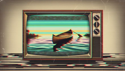 HD desktop wallpaper featuring a vintage television displaying a canoe on tranquil water with retro effects.