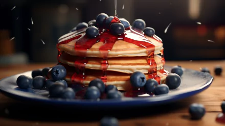 HD wallpaper featuring a stack of blueberry pancakes topped with syrup and fresh blueberries on a blue plate.