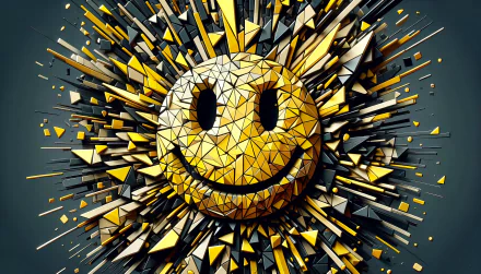 3D yellow smiley face with explosive geometric shards HD desktop wallpaper and background.