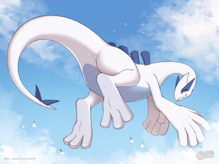 4K Ultra HD anime-style wallpaper featuring Lugia, the legendary Pokémon, soaring against a bright blue sky with clouds.