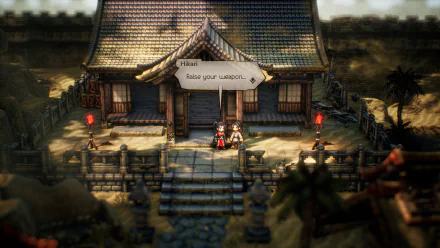 HD desktop wallpaper featuring a scene from Octopath Traveler II with a character in front of a traditional house.