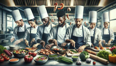 A group of chefs in white uniforms and hats skillfully prepare dishes in a bustling kitchen, surrounded by fresh ingredients. This vibrant image serves as a stunning HD desktop wallpaper.