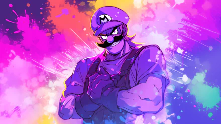 HD desktop wallpaper featuring Waluigi with colorful splash background.