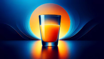 HD desktop wallpaper featuring a vibrant glass of orange juice with an illuminated orange and blue background.