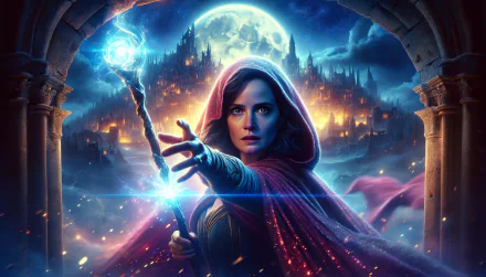 A captivating HD desktop wallpaper featuring a spellcaster in a hooded cloak, wielding a glowing staff against a mystical background with a full moon and a mystical city.