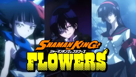 HD desktop wallpaper featuring characters from the anime Shaman King Flowers with the series logo prominently displayed.
