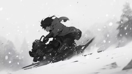 Monochrome HD desktop wallpaper featuring a dynamic illustration of a person sledding down a snow-covered hill, with snowflakes adding to the wintery atmosphere.