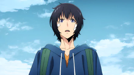 HD PC wallpaper featuring Sung Jin-Woo from the anime Solo Leveling, depicted with a surprised expression against a bright blue sky background.