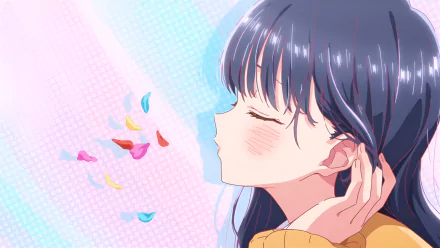 HD anime desktop wallpaper featuring Anna Yamada from The Dangers in My Heart, with soft pastel tones and petals gently floating in the air.