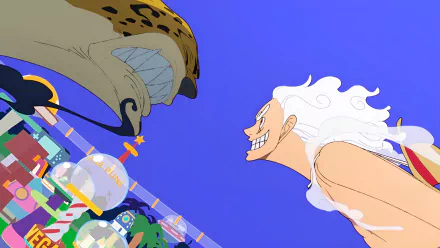 HD anime desktop wallpaper featuring One Piece characters Rob Lucci and Monkey D. Luffy in Gear 5 form against a vibrant blue sky.