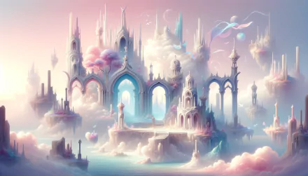 HD wallpaper of a whimsical fantasy castle amidst clouds with ethereal colors and dreamy architecture.