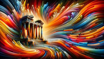 A vibrant HD desktop wallpaper featuring a stylized ruin with towering columns, surrounded by dynamic swirls of colors, creating an abstract and captivating atmosphere.