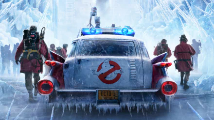 HD wallpaper featuring the iconic Ghostbusters vehicle with logo, encased in ice among a frosty backdrop, from the movie 'Ghostbusters: Frozen Empire'.
