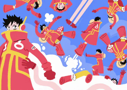 HD anime desktop wallpaper featuring Monkey D. Luffy from One Piece in vibrant red attire with dynamic poses against a bright blue sky background.