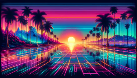 HD Outrun-themed desktop wallpaper featuring a vibrant retro-futuristic sunset with neon grids and palm trees.