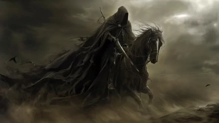 Nazgûl from The Lord of the Rings rides its horse in a stormy HD desktop wallpaper.