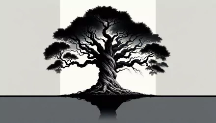 Stunning HD desktop wallpaper featuring a monochrome illustration of a majestic tree with intricate branches and a mirrored reflection on a sleek surface.