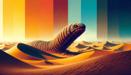 HD wallpaper of a massive sandworm emerging from desert dunes against a striped sunset-colored backdrop.