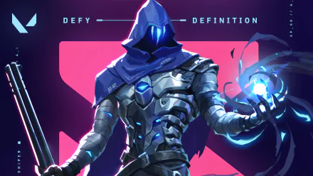 HD desktop wallpaper featuring Omen from Valorant holding an orb, with a vibrant purple background and the word 'DEFY' aligned with 'DEFINITION'.