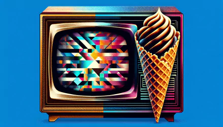 HD wallpaper featuring a waffle cone against a retro television with colorful abstract background.
