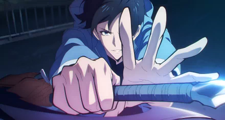 Anime-style 4K Ultra HD wallpaper featuring Sung Jin-Woo from Solo Leveling, poised with a glowing weapon in a dynamic action pose.