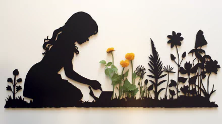 Silhouette of a person gardening with various plants and flowers in a stylized HD desktop wallpaper
