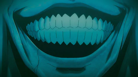 Close-up of a wide, toothy smile from the Statue of God in Solo Leveling anime, featured as an HD PC desktop wallpaper and background.
