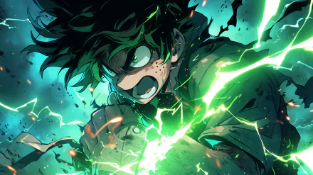 A dynamic HD wallpaper showcasing Izuku Midoriya from My Hero Academia, surrounded by electrifying green lightning, capturing the intensity of his character in a vivid anime style.