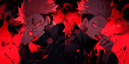 Sukuna from Jujutsu Kaisen anime in a dual-image HD desktop wallpaper with a menacing red background.