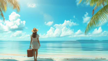 A woman in a white dress and hat stands on a serene beach, gazing at the tranquil ocean and bright blue sky, embodying the essence of a dream vacation.