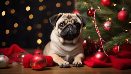 A charming pug lies beside a Christmas tree adorned with red ornaments and festive decorations, creating a cozy and festive holiday scene. HD desktop wallpaper.