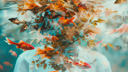 High-definition desktop wallpaper of a surreal scene with goldfish and autumn leaves blending into a dreamy underwater effect.