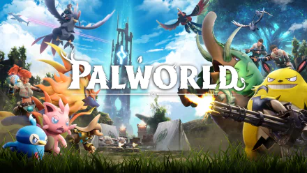 HD desktop wallpaper featuring characters and creatures from the video game Palworld.