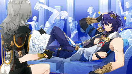 A vibrant HD wallpaper from Honkai: Star Rail featuring Dr. Ratio, lounging casually as a character sketches him, surrounded by ethereal figures in a captivating blue backdrop.