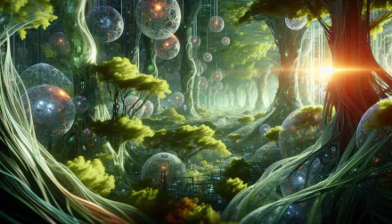 A vibrant, otherworldly forest with glowing foliage and ethereal bubbles, creating a surreal HD wallpaper that immerses viewers in a mystical landscape.