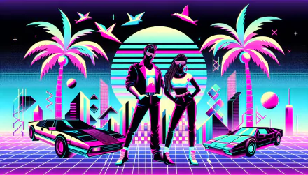 HD desktop wallpaper featuring stylized illustration of best friends with retro-futuristic aesthetic, including neon palm trees, sports cars, and geometric shapes.