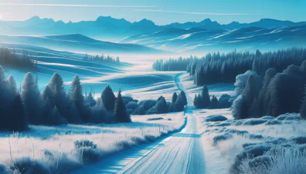 HD desktop wallpaper featuring a serene trail through a snowy landscape with evergreen trees and distant mountains under a soft blue sky.