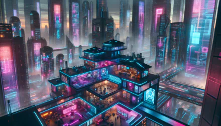 A vibrant HD desktop wallpaper featuring a futuristic cityscape with neon lights, towering skyscrapers, and a multi-level building bustling with energy and colorful illumination.