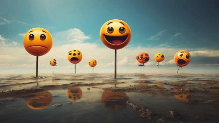 HD wallpaper featuring a row of different emoticons on sticks with reflections on water against a picturesque sky background.