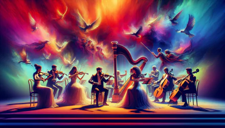 HD wallpaper featuring a colorful artistic representation of an orchestra with musicians playing various instruments against a vibrant abstract background.
