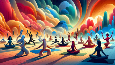 Colorful HD yoga-themed desktop wallpaper featuring animated characters practicing various yoga poses with a vibrant, whimsical background.
