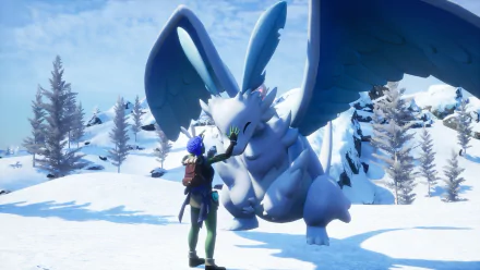 HD Palworld desktop wallpaper featuring a friendly interaction between a character and a large winged creature in a snowy landscape.